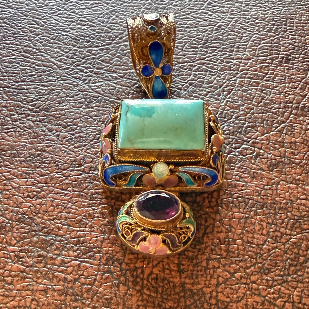 Gold-Tone Pendant Necklace with Turquoise and Amethyst Source Unknown - Picture 6 of 12